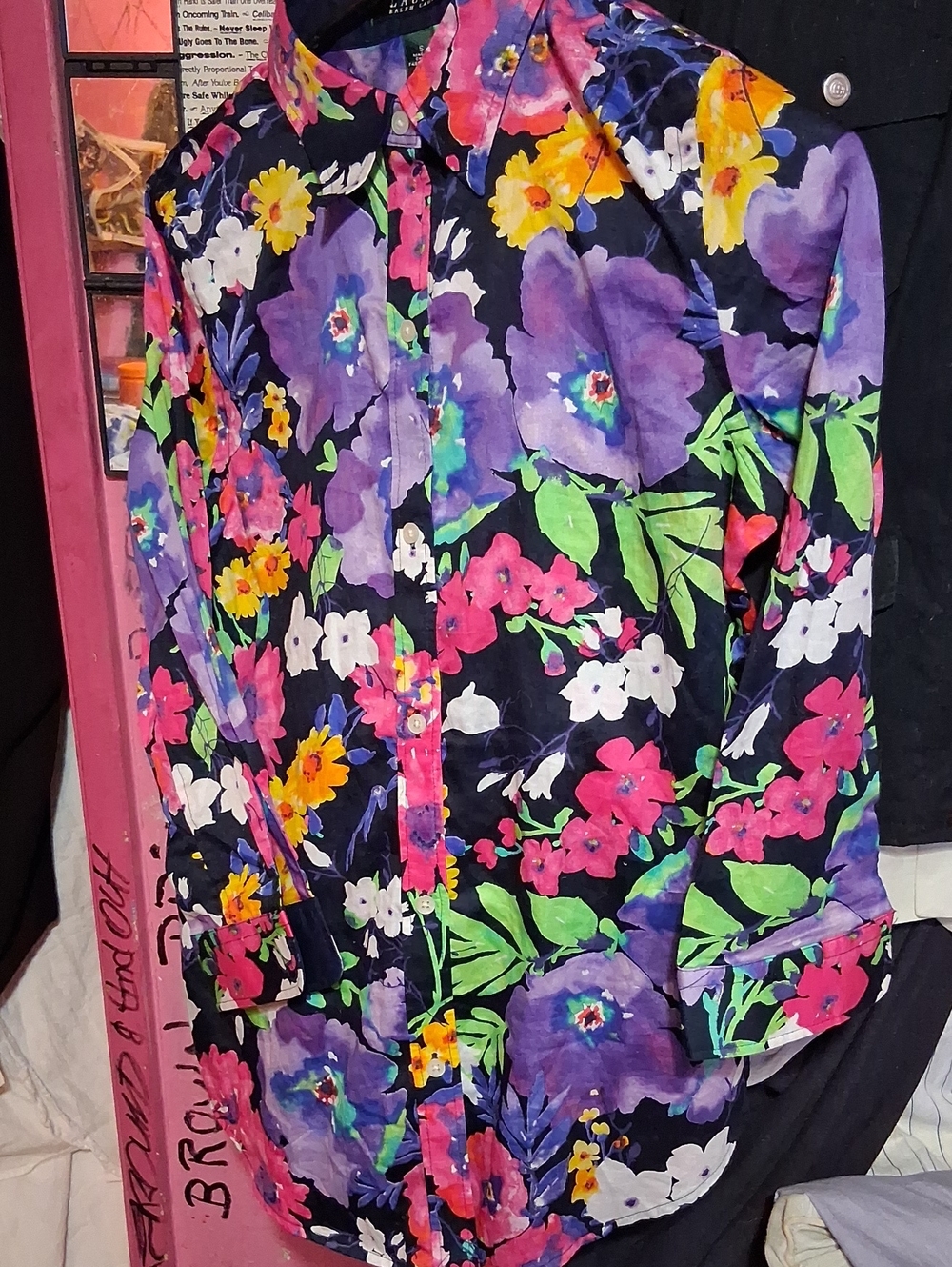Ralph Lauren Black Button-Down Floral Shirt with Purple Pink,Yellow&white Blooms